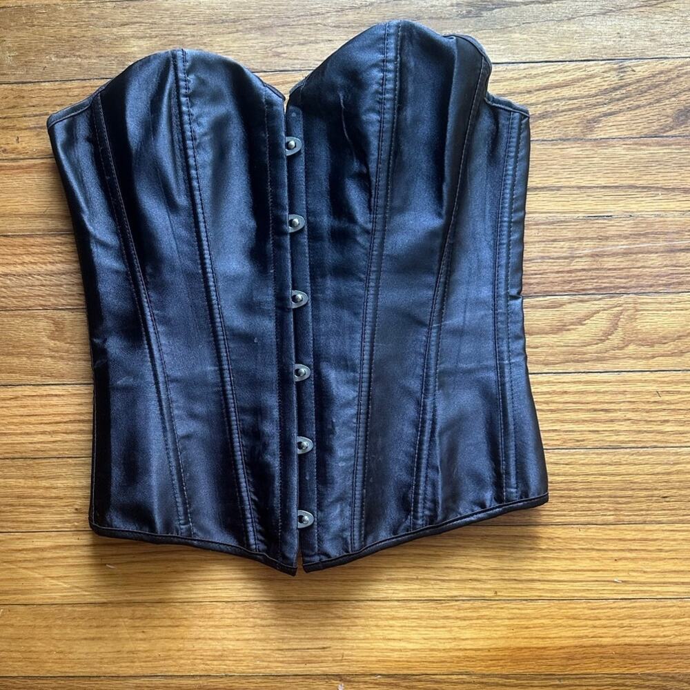 Black Bustier Corset Top M Hook Front Lace Up Back Faux Leather Chic Style